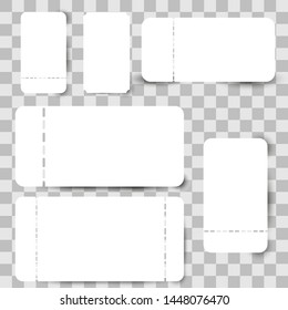 	
Set of blank ticket mockup template. Realistic White paper coupon isolated on grey background. Cinema, party, circus, festival or concert tickets design.