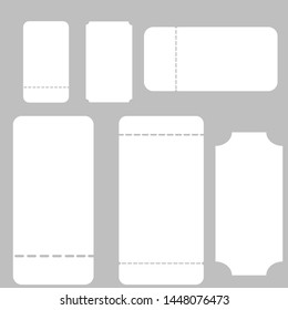 	
Set of blank ticket mockup template. Realistic White paper coupon isolated on grey background. Cinema, party, circus, festival or concert tickets design.