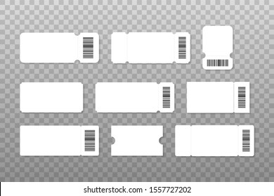 Set of blank ticket mockup template. Realistic White paper coupon isolated on grey background. Vector stock illustration.