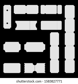 Set of blank ticket mockup template. Realistic White paper coupon isolated on grey background. Cinema, party, circus, festival or concert tickets design.