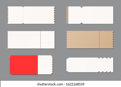 Set Of Blank Ticket Mockup Template. Concert, Party, Festival, Lottery Or Coupon Ticket. Mockup Vector Isolated. Template Design. Realistic Vector Illustration.