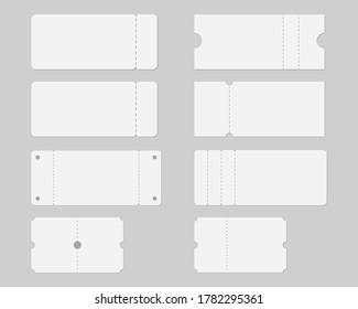 Set of blank ticket mockup template. Concert, party, festival, lottery or coupon ticket. Mockup vector isolated. Template design. Realistic vector illustration.