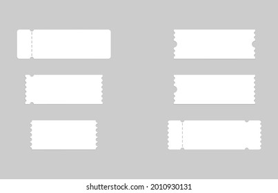 Set of blank ticket mockup template. Realistic White paper coupon isolated on grey background.