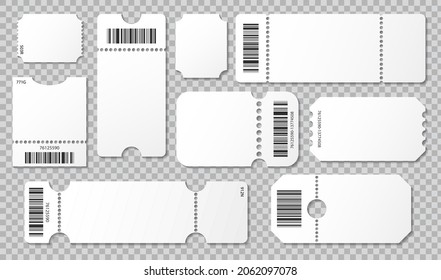 Set blank ticket template. Concert ticket, lottery coupons. Event, theater or lottery tickets isolated vector symbols mockup