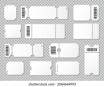 Establece la plantilla de boleto en blanco. Billete de concierto, cupones de lotería. Eventos, teatro o lotería entradas aisladas símbolos vectoriales burla