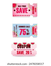 Set a blank ticket template. Concert ticket, lottery coupons. Vector coupon - vector illustration. Blue backgrounds with watermelons. Summer design. Summer sale coupons.