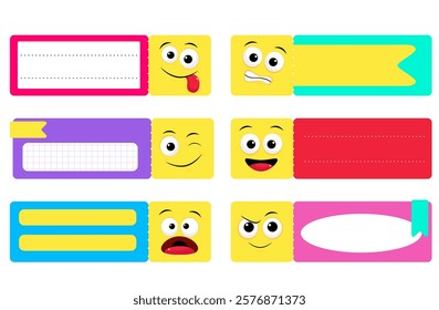 Set of blank ticket templates with emoji. Collection of invite ticket, lottery tag, event coupon, voucher, cinema movie card, festival or circus flyers template with emoticon. Vector EPS8