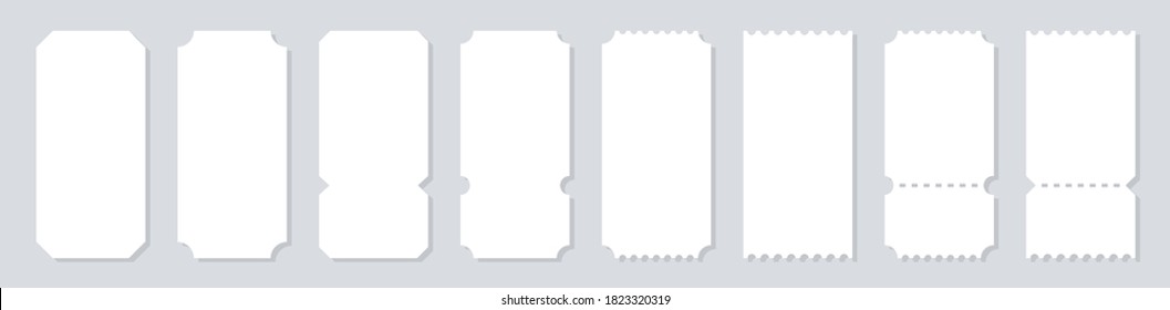 Set of Blank ticket. Tickets template of different forms isolated on grey background. Template for movie, theater, lottery and discount coupons.