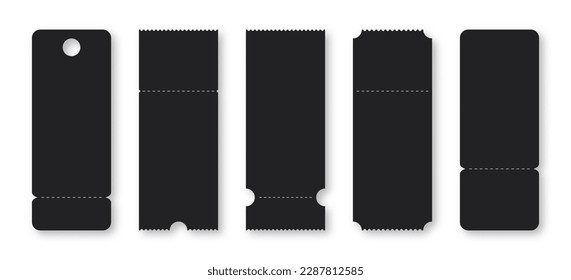 Set of blank tickets, coupons and vouchers with ruffle edges. Black ticket and voucher mockups, white cardboard texture. Concert and cinema ticket, discount voucher and gift coupon template. Vector