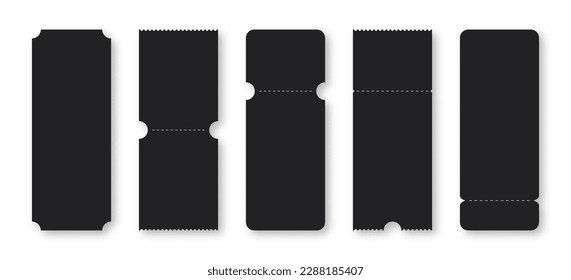 Set of blank tickets, coupons and vouchers with ruffle edges. Black ticket and voucher mockups, white cardboard texture. Concert and cinema ticket, discount voucher and gift coupon template. Vector