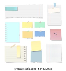 Set of blank Torn paper sheets isolated on white background. Realistic vector note pieces collection with sticky tape