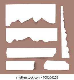 Set of blank Torn paper sheets. Vector note pieces collection with sticky tape