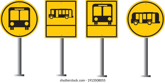 Set Of Blank Traffic Yellow Bus Stop Signs.