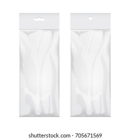 Conjunto de planchas de plástico transparentes en blanco. Embalaje blanco con ranura para suspensión. Ilustración del vector de mezcla para su diseño