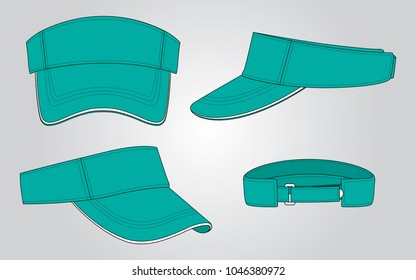 Set Blank Turquoise Sun Visor Cap With White Sandwich And Hook And Loop Tape Strap Vector For Template.