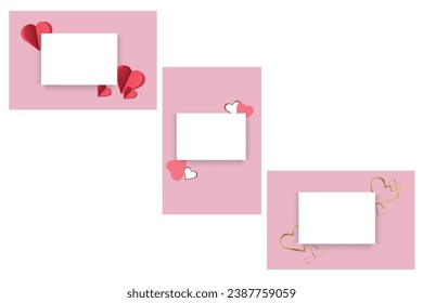 Juego de tarjetas de San Valentín en blanco. Pequeños volantes o tarjetas para escribir deseos en un fondo con corazones. Concepto de vacaciones y felicitaciones. Ilustración vectorial.