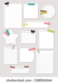 set of blank various shapes paper notes , grid and empty on white papers with sticky tape and clip, vector, illustration. 