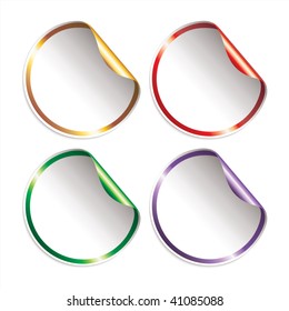 Set of blank, vector stickers with peeling corners, shining border and colored shining underside.