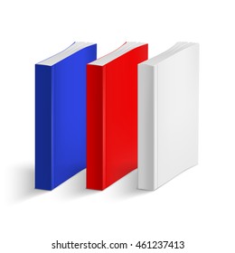 Set of blank vertical books cover template. Soft cover. Red, blue and white books. Perspective view. Vector illustration.