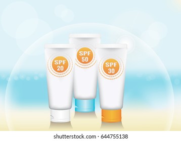 a set of blank vertical tube for cosmetic product on a background of sea beach. colored caps. signs SPF. the symbolic dome of protection. realistic template for advertising. vector illustration.