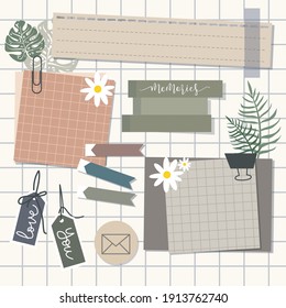 Conjunto de notas de papel vintage en blanco sobre el fondo de la cuadrícula. vector plano, diseño de ilustración.