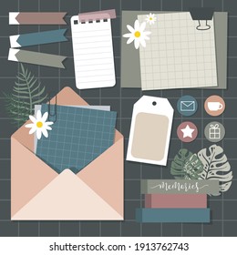 Set of blank vintage paper notes on dark grid background. flat vector, illustration design.