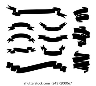 Set of blank vintage ribbon banners. Collection of simple frames, suitable for various design purposes. Vector silhouettes isolated.
