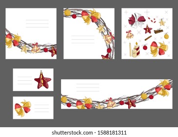 Set with blank visit cards and posters. Template with traditional festive elements for christmas design, greeting cards and invitations.