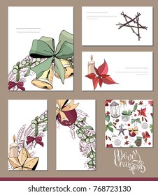 Set with blank visit cards and posters. Template with traditional festive elements for christmas design, greeting cards and invitations.