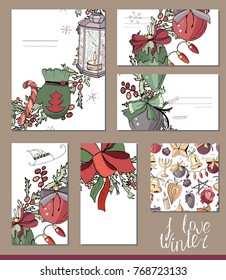 Se establece con carteles y tarjetas de visita en blanco. Plantilla con elementos festivos tradicionales para el diseño de Navidad, tarjetas de felicitación e invitaciones.
