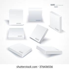 Set blank white boxes in different planes with shadows isolated on white.
