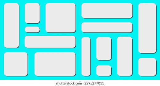 Juego de botones blancos en blanco sobre fondo azul. Conjunto de rectángulos redondeados. Conjunto blanco de botones en blanco sobre fondo azul claro. Iconos 3d de la web oval, redondos y cuadrados.
