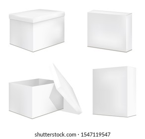 Set of blank white cardboard packaging boxes. Can be use for medicine, food, cosmetic and other. Vector illustration