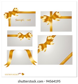 Set of blank white cards with gold ribbons. Vector illustration.