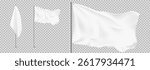 Set of blank white flags. Mockup of flags isolated on checkered background. Templates of white waving on the wind flags. 3d vector elements.