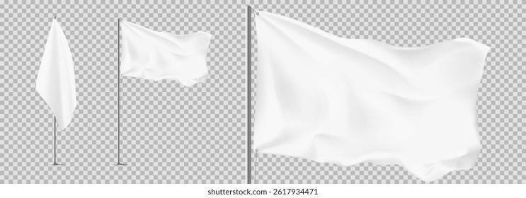 Set of blank white flags. Mockup of flags isolated on checkered background. Templates of white waving on the wind flags. 3d vector elements.