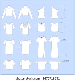 Set of blank white flat women's Tops. Different Tops in front and back views on blue background. Simple vector illustration.