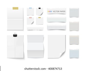 Set of blank white folded paper sheets and cards isolated on white background. Realistic vector paper and note pieces. Paper collection for branding template, mock up with sticky tape and clip.