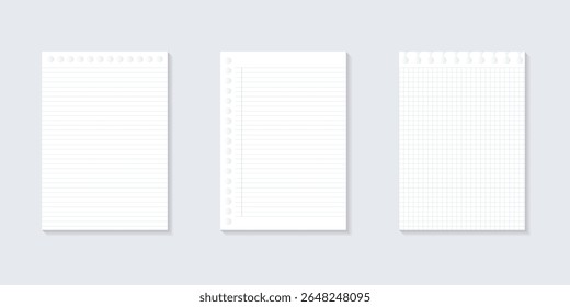 Set Blank white notepaper design. Hand drawn blue lined paper background collection