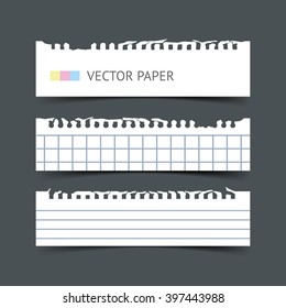 Set of blank white blank notepaper horizontal web banners with shadow isolated on dark background. Paper sheets for design. Realistic vector torn notepaper sheets.