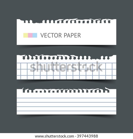 Set of blank white blank notepaper horizontal web banners with shadow isolated on dark background. Paper sheets for design. Realistic vector torn notepaper sheets.
