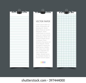 Set of blank white notepaper vertical web banners with shadow isolated on dark background. Paper sheets template for design. Realistic vector torn notepaper sheets.