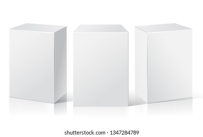 Set of blank white packaging boxes closed mockups. Three different positions. Vector illustration