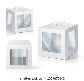 Set of blank white packaging boxes  with window. Three different positions. Vector illustration