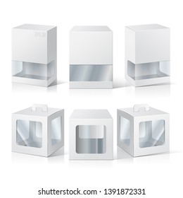 Set of blank white packaging boxes  with window. Three different positions. Vector illustration
