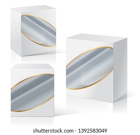 Set of blank white packaging boxes  with window. Three different positions. Vector illustration