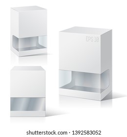 Set of blank white packaging boxes  with window. Three different positions. Vector illustration