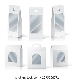 Set of blank white packaging boxes with window. Three different positions. Vector illustration