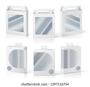 Set of blank white packaging boxes with window. Three different positions. Vector illustration