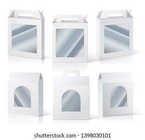 Set of blank white packaging boxes with window. Three different positions. Vector illustration